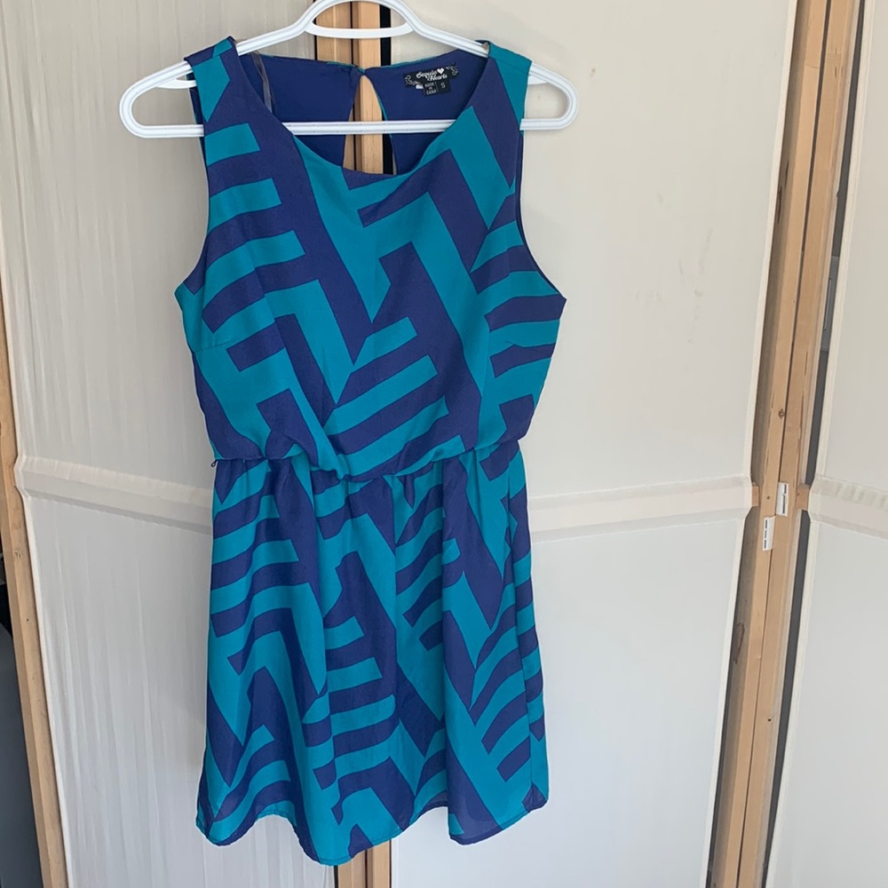 Sequin hearts, Size S, blue and nordic blue geometric pattern dress